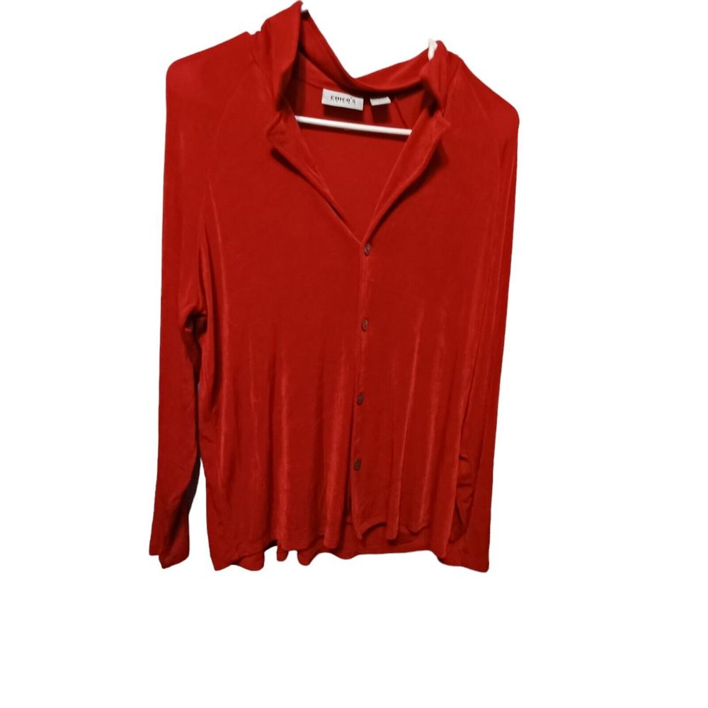 Chicos Travelers Blouse Size 1 Medium Red Button Up Slinky Holiday Shirt Stretch